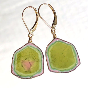 14K Watermelon Tourmaline Earrings, solid gold, One of a Kind
