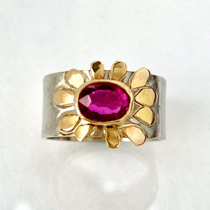 14K Ruby Ring, Untreated Ruby Flower Ring, White Gold, One of a Kind