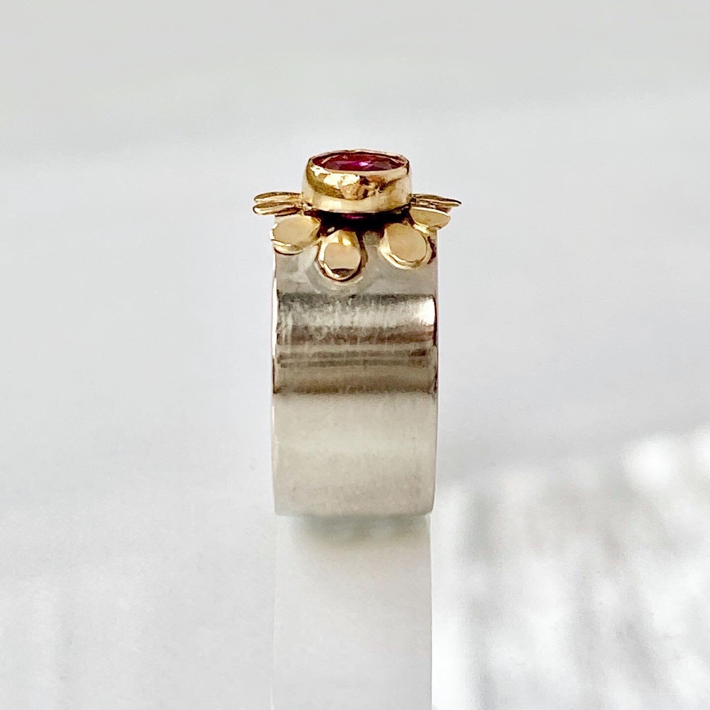 14K Ruby Ring, Untreated Ruby Flower Ring, White Gold, One of a Kind