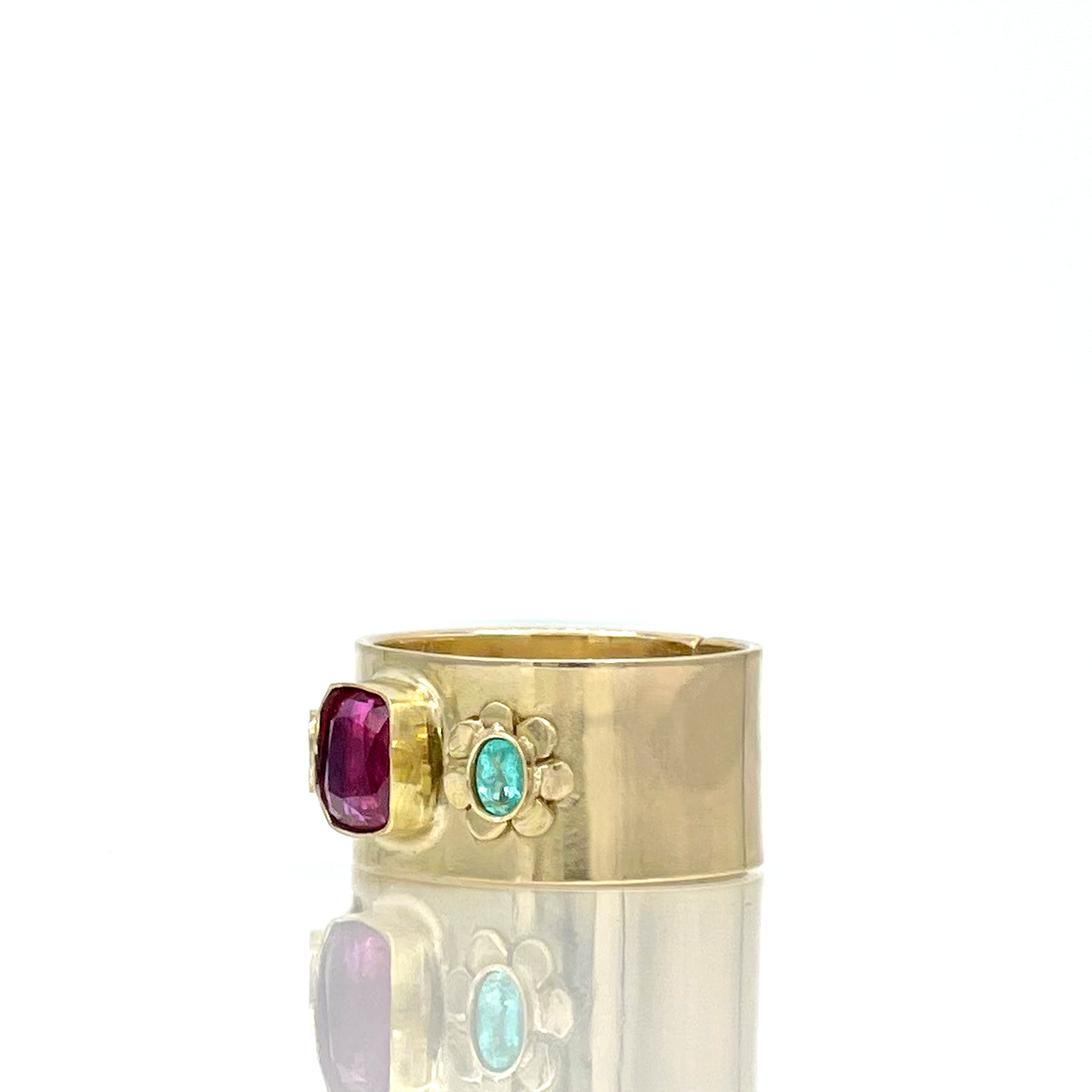14K Ruby Ring, Ruby Paraiba Tourmaline Ring, One of a Kind Wide Ring