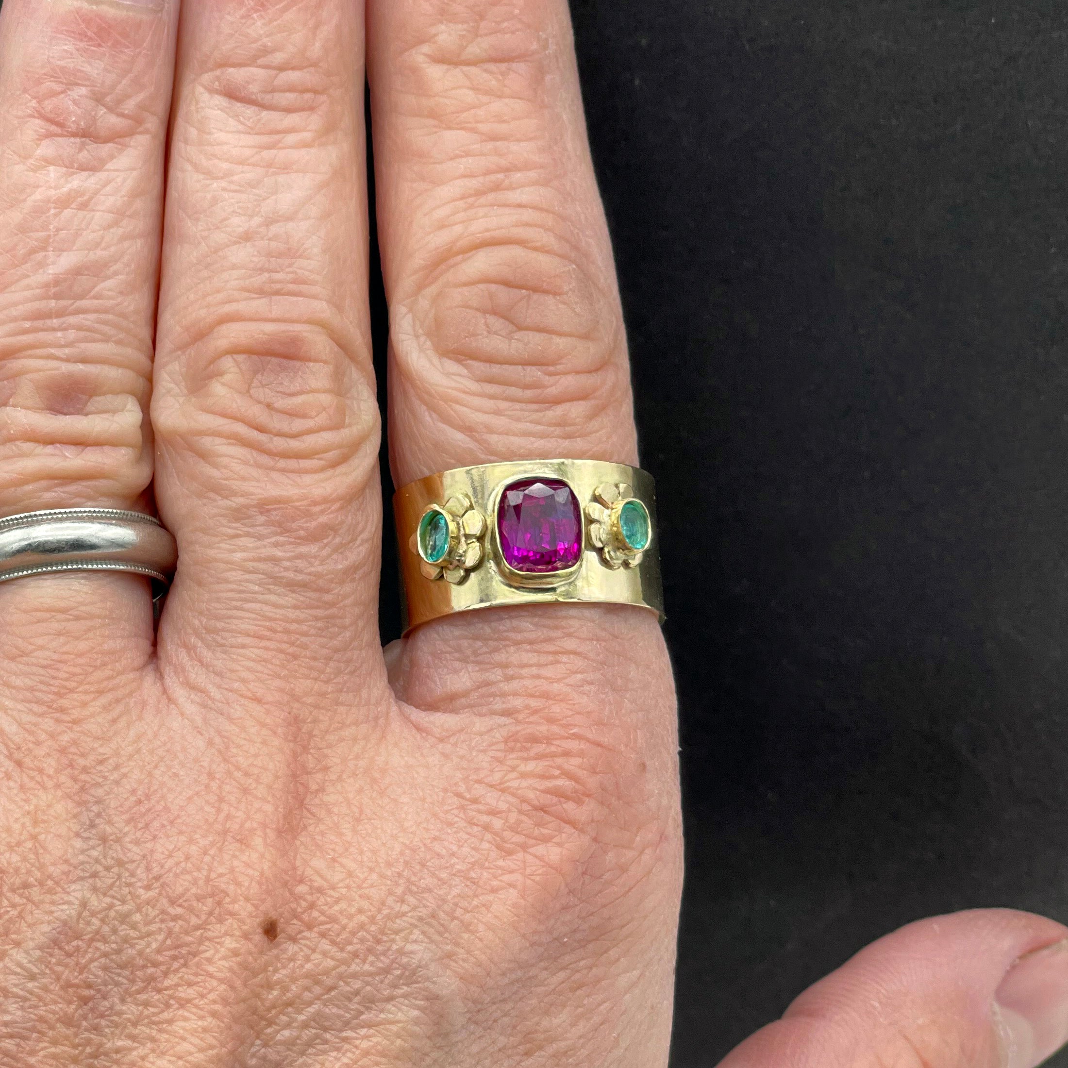 14K Ruby Ring, Ruby Paraiba Tourmaline Ring, One of a Kind Wide Ring