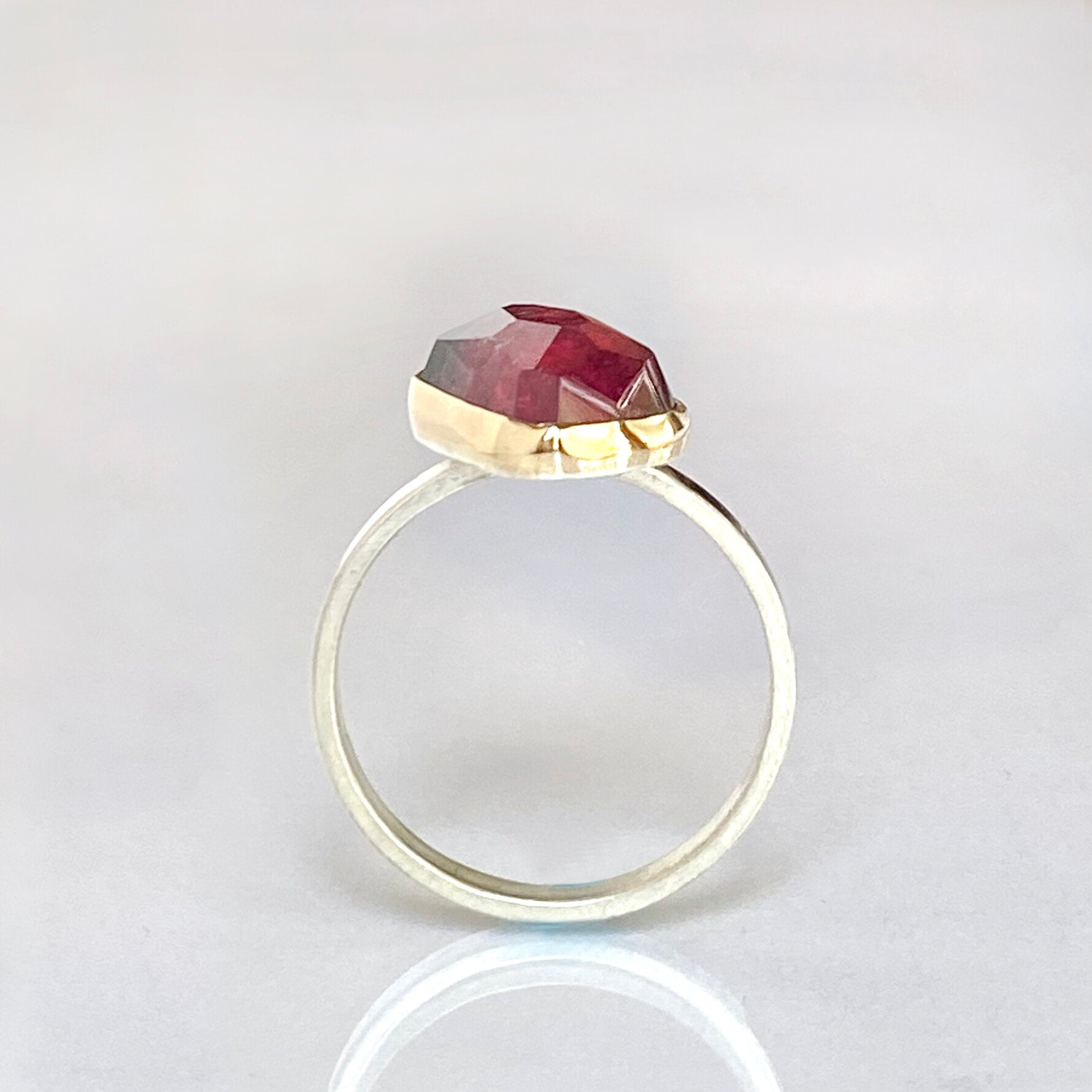 Bicolor Tourmaline Ring, Teal  Red Tourmaline 14K Solid gold and Sterling Silver