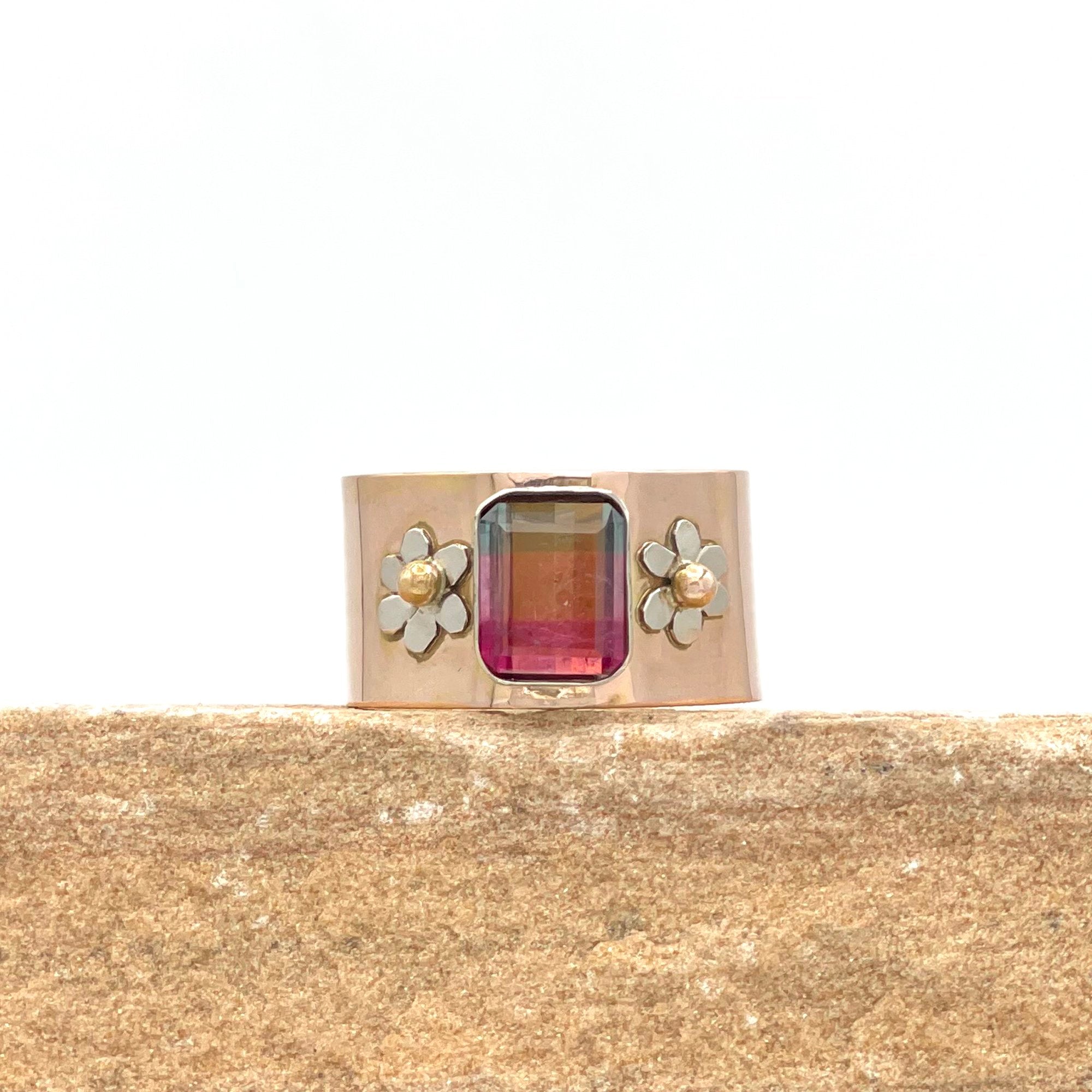 14K Blue Pink Tourmaline Ring, Wide Ring, Solid Rose Gold, One of a kind