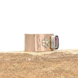 14K Blue Pink Tourmaline Ring, Wide Ring, Solid Rose Gold, One of a kind