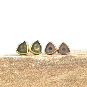 14K Tourmaline Slice Earrings, Blue Pink Green Tourmaline Stud Earrings Solid Gold