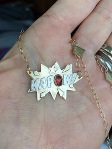 14K KAPOW Comic Necklace Rubellite Tourmaline, SOLID Gold, One of a Kind