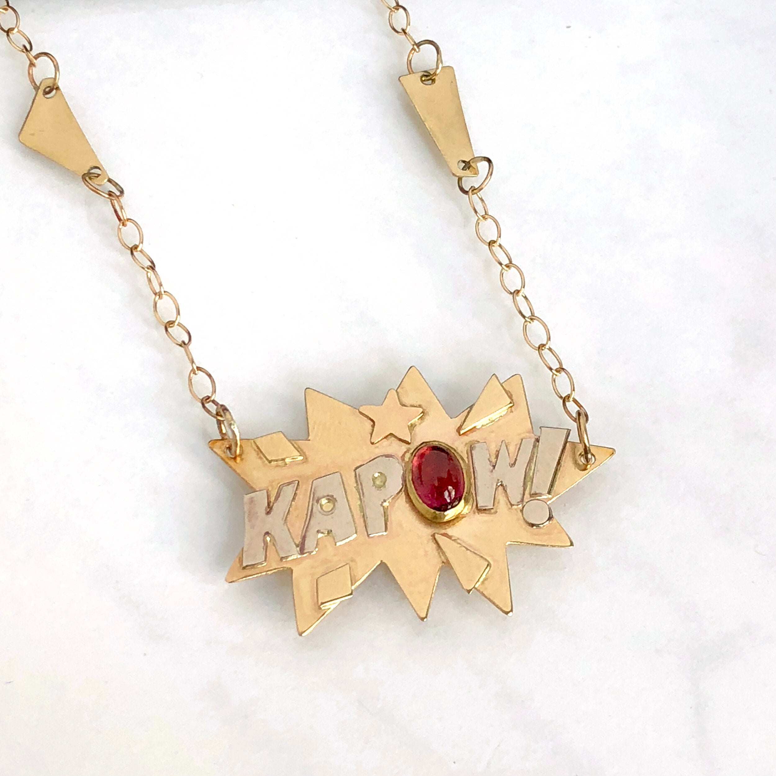 14K KAPOW Comic Necklace Rubellite Tourmaline, SOLID Gold, One of a Kind