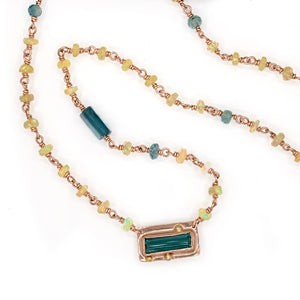 14K Blue Tourmaline and Opal Necklace, Solid Rose Gold, One of a Kind