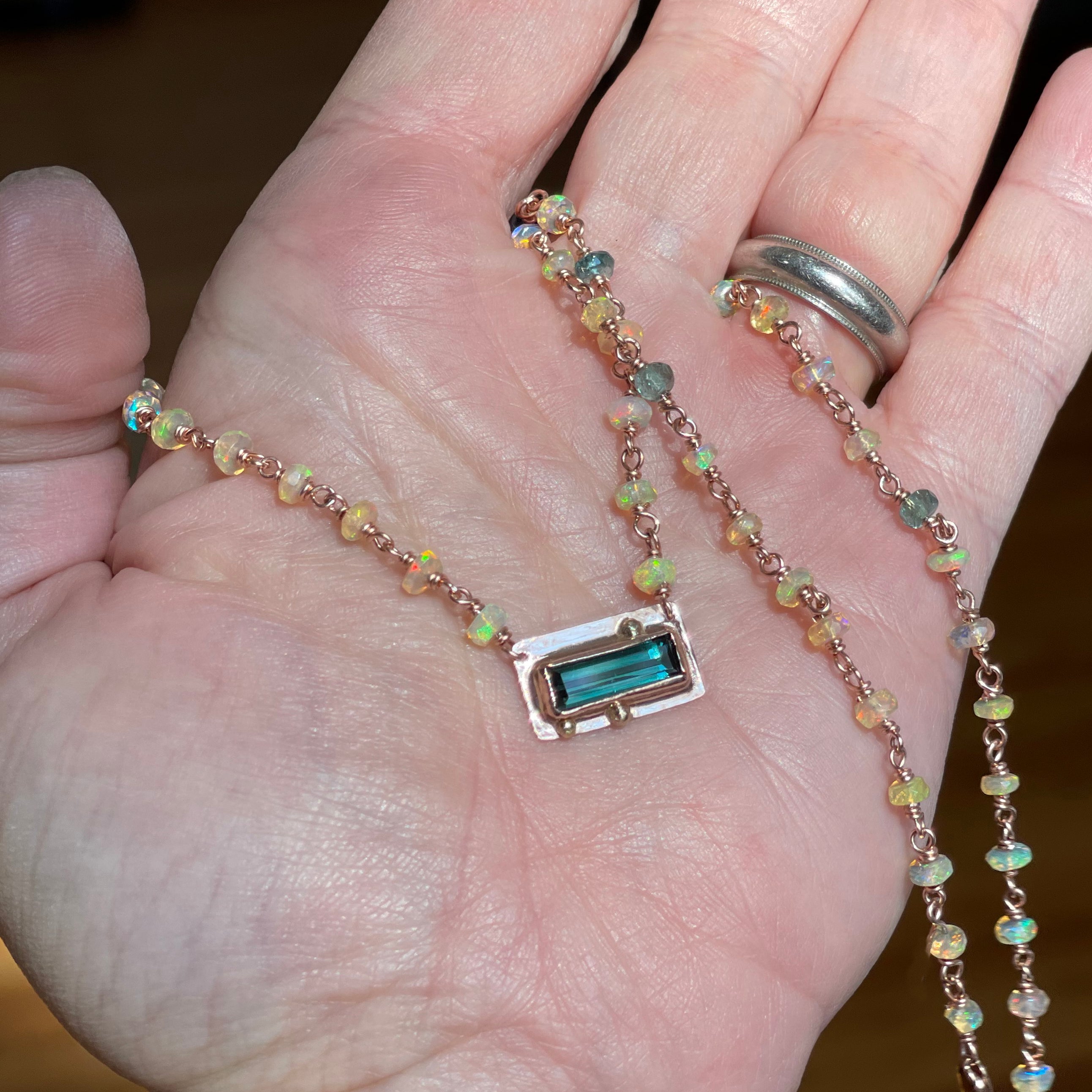 14K Blue Tourmaline and Opal Necklace, Solid Rose Gold, One of a Kind