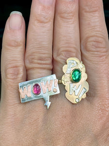 14K POW Comic Green Tourmaline Ring, Girl Power Ring, One of a kind