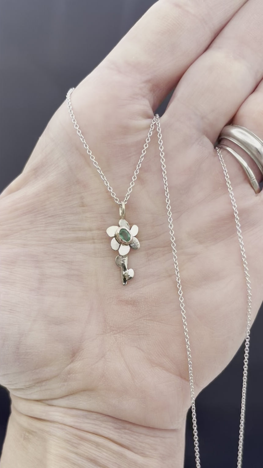 14K Emerald Flower Pendant, Solid White Gold, One of a Kind