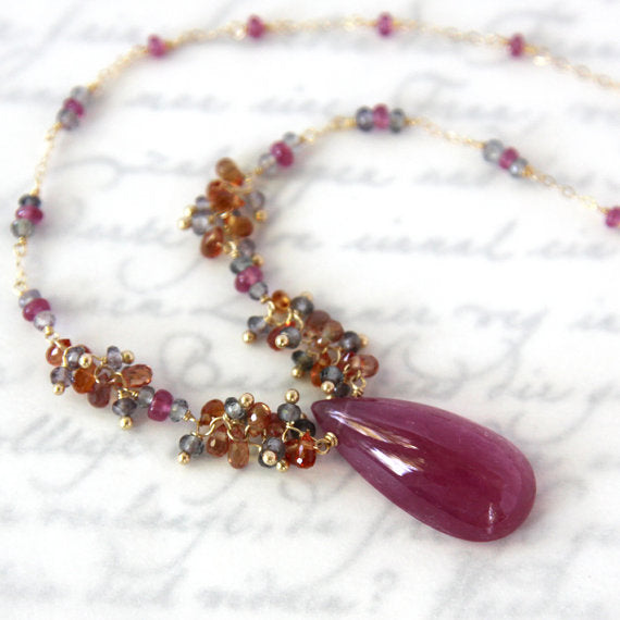 Rubellite Tourmaline Necklace with Sapphires in 14K Solid Gold
