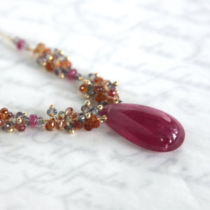 Rubellite Tourmaline Necklace with Sapphires in 14K Solid Gold