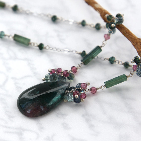 Tricolor Tourmaline Necklace 14K Solid Gold