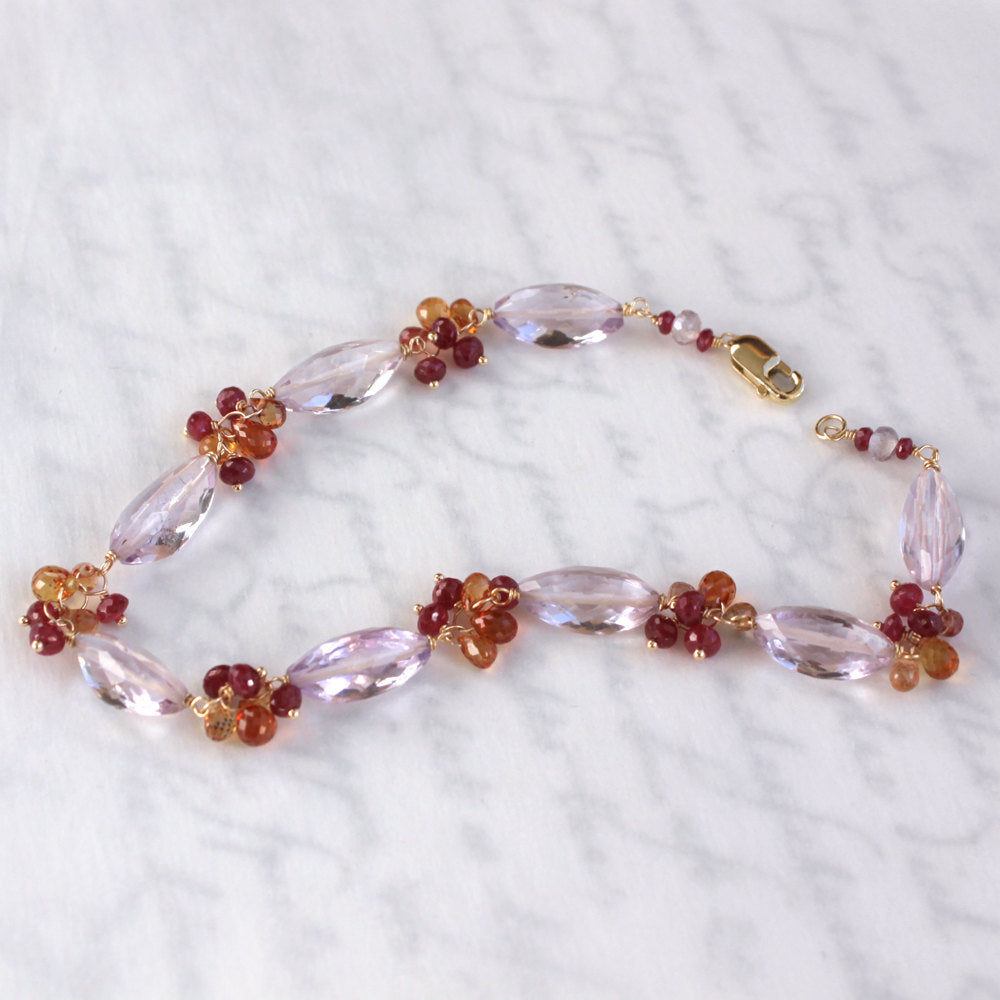 Pink Amethyst Bracelet with Rubies 14K Solid Gold