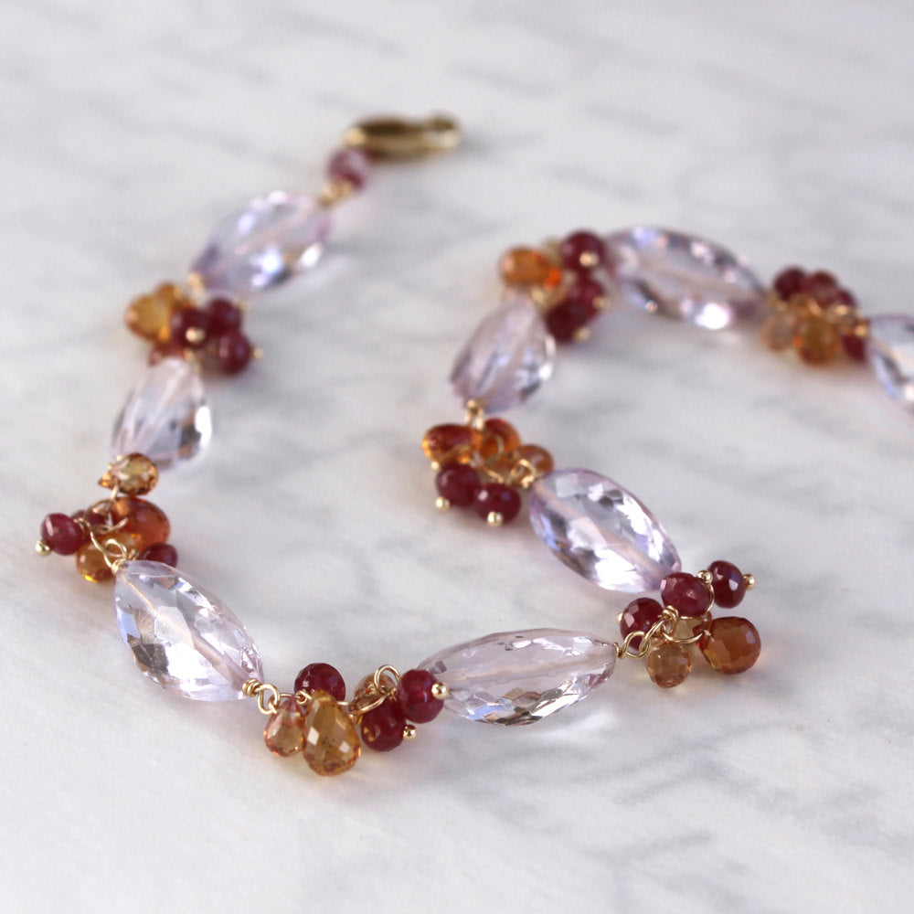 Pink Amethyst Bracelet with Rubies 14K Solid Gold