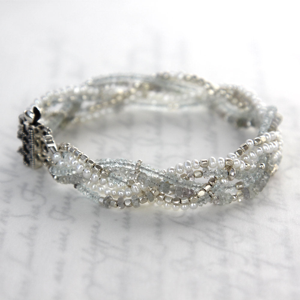 Braided Gemstone Cuff Bracelet of Sapphires, Aquamarine Pearls Solid Sterling