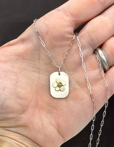 14K Dog Tag Necklace, Diamond Flower Necklace, Solid Gold, One of a Kind
