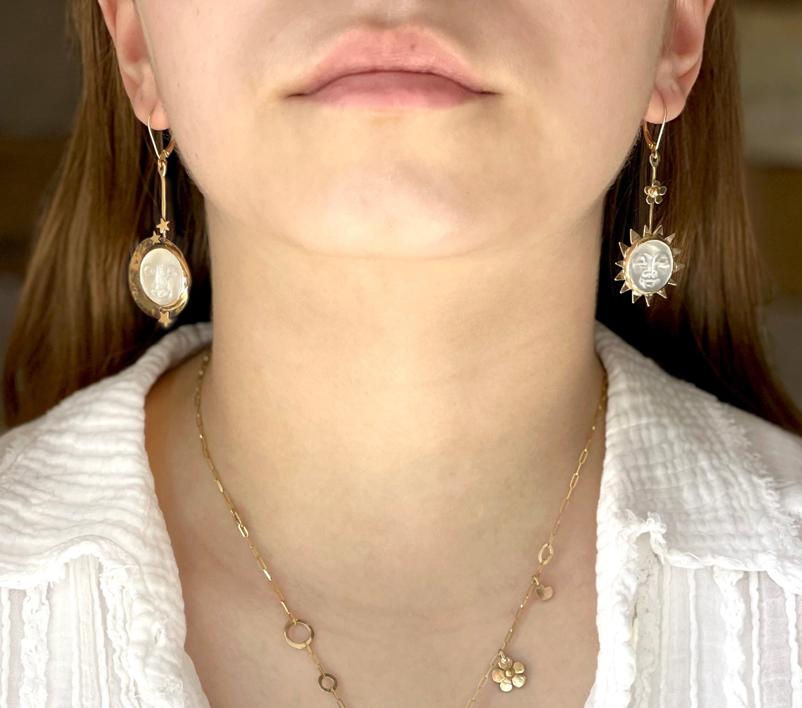 14K Sun Moon Mother of Pearl Face Earrings, Celestial Earrings, Solid Gold