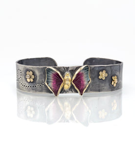 Tourmaline Butterfly Cuff Bracelet, 14K and Sterling Wide Bracelet, One of a kind