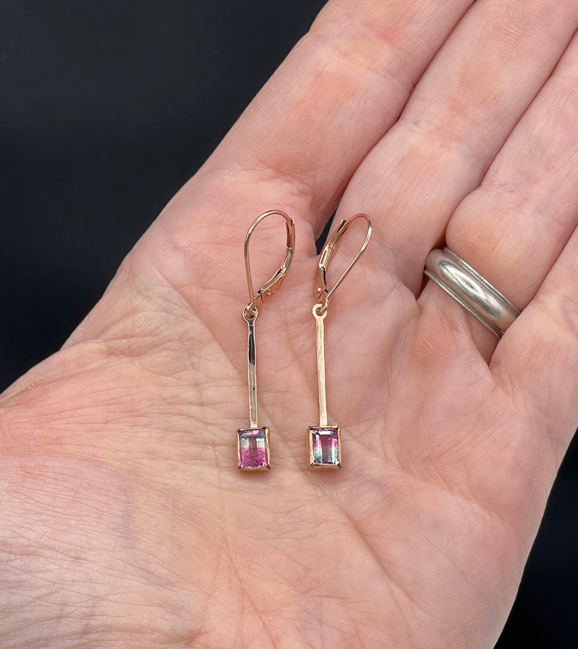 14K Bicolor Blue Pink Tourmaline Earrings, Geometric Earrings, Rose Gold