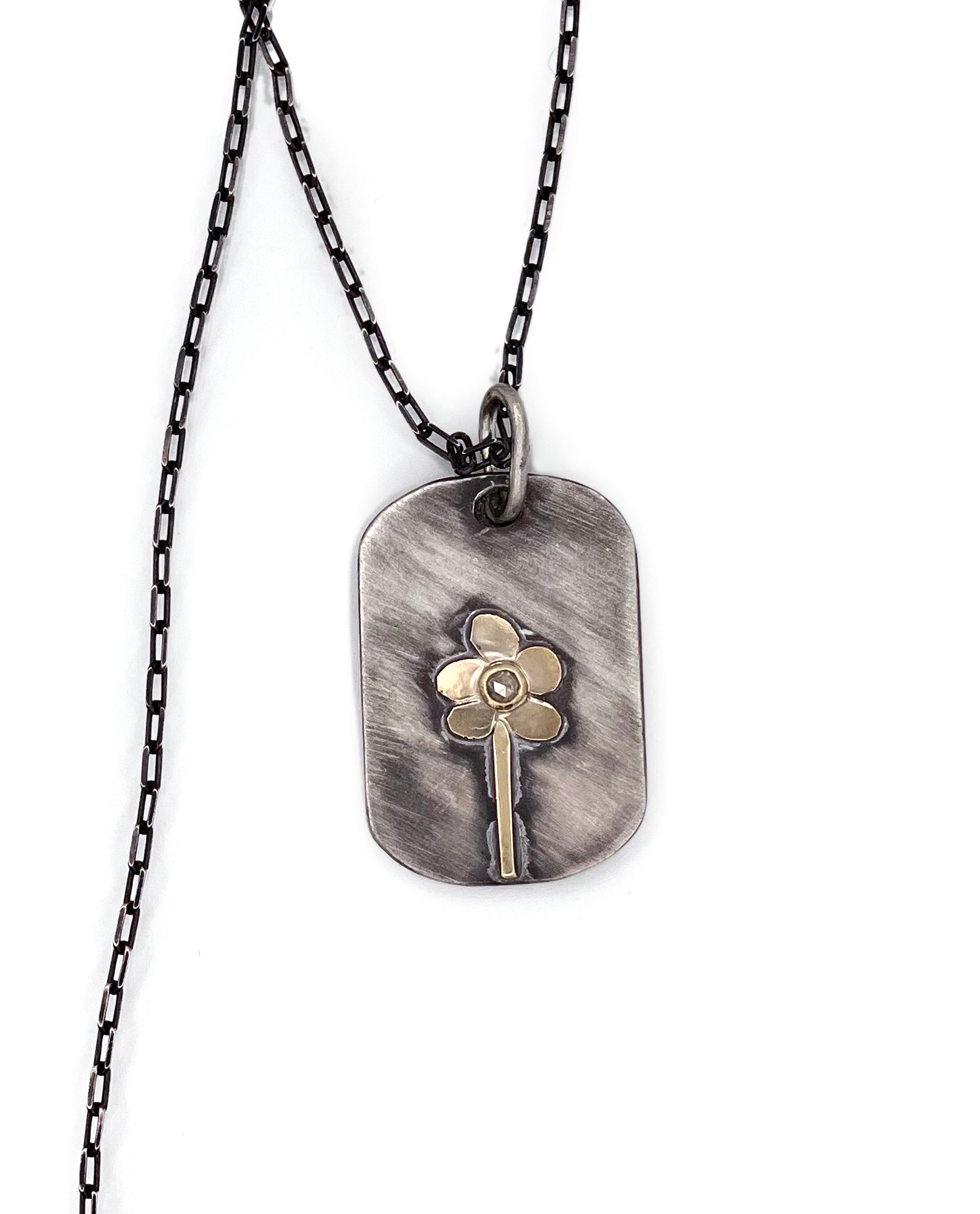 Diamond Flower Dog Tag Necklace, Sterling 14K Solid Yellow Gold
