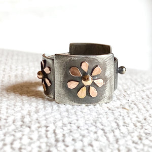 14K and Sterling Patchwork Flower Ring, One of a Kind Wide Flower Ring