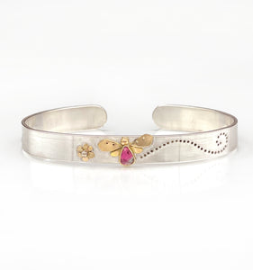 Pink Yellow Tourmaline Cuff Bracelet, Insect Bracelet, One of a Kind 14K sterling