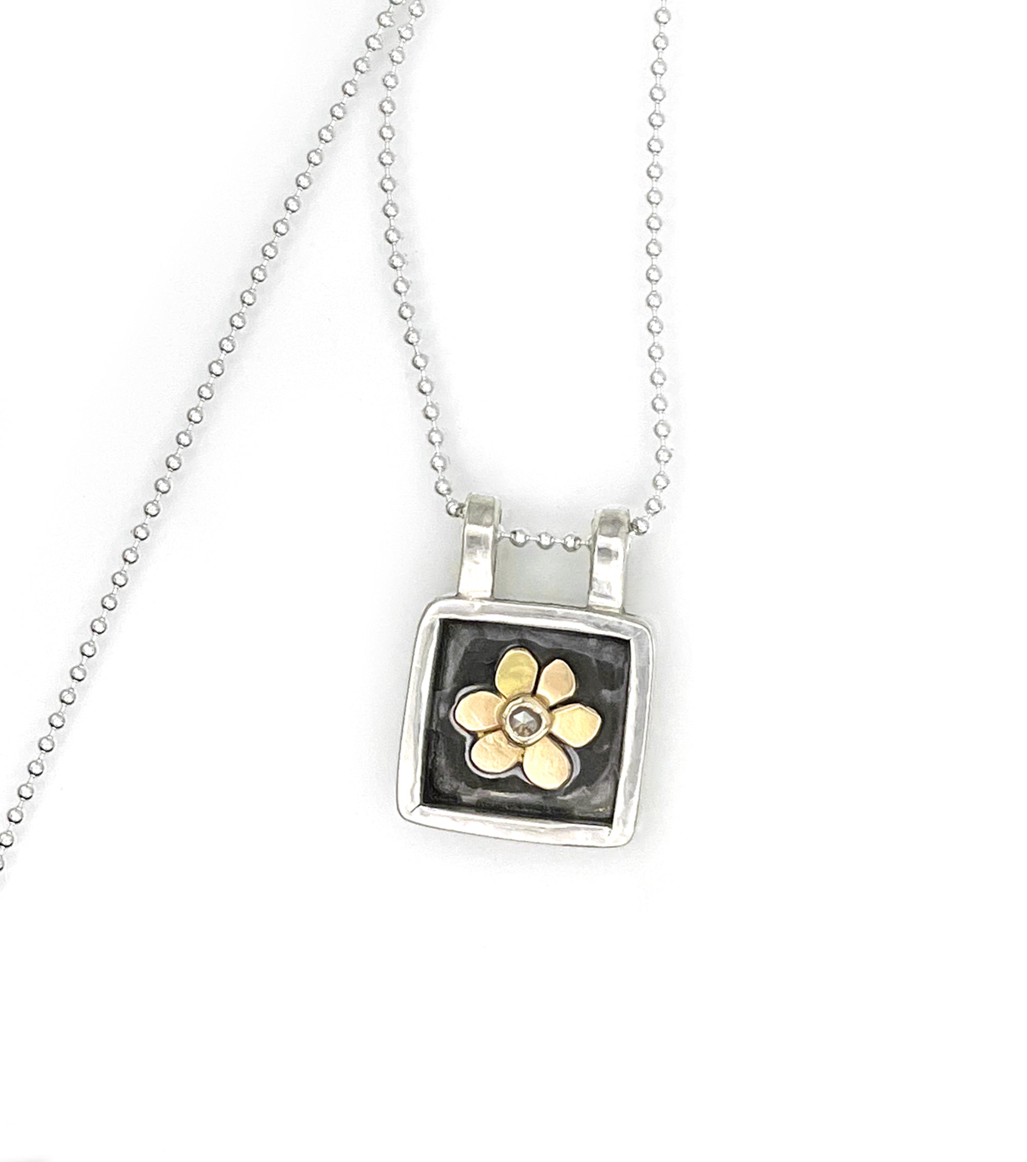 Diamond Flower Necklace, Framed Flower Necklace in Sterling Silver and 14K
