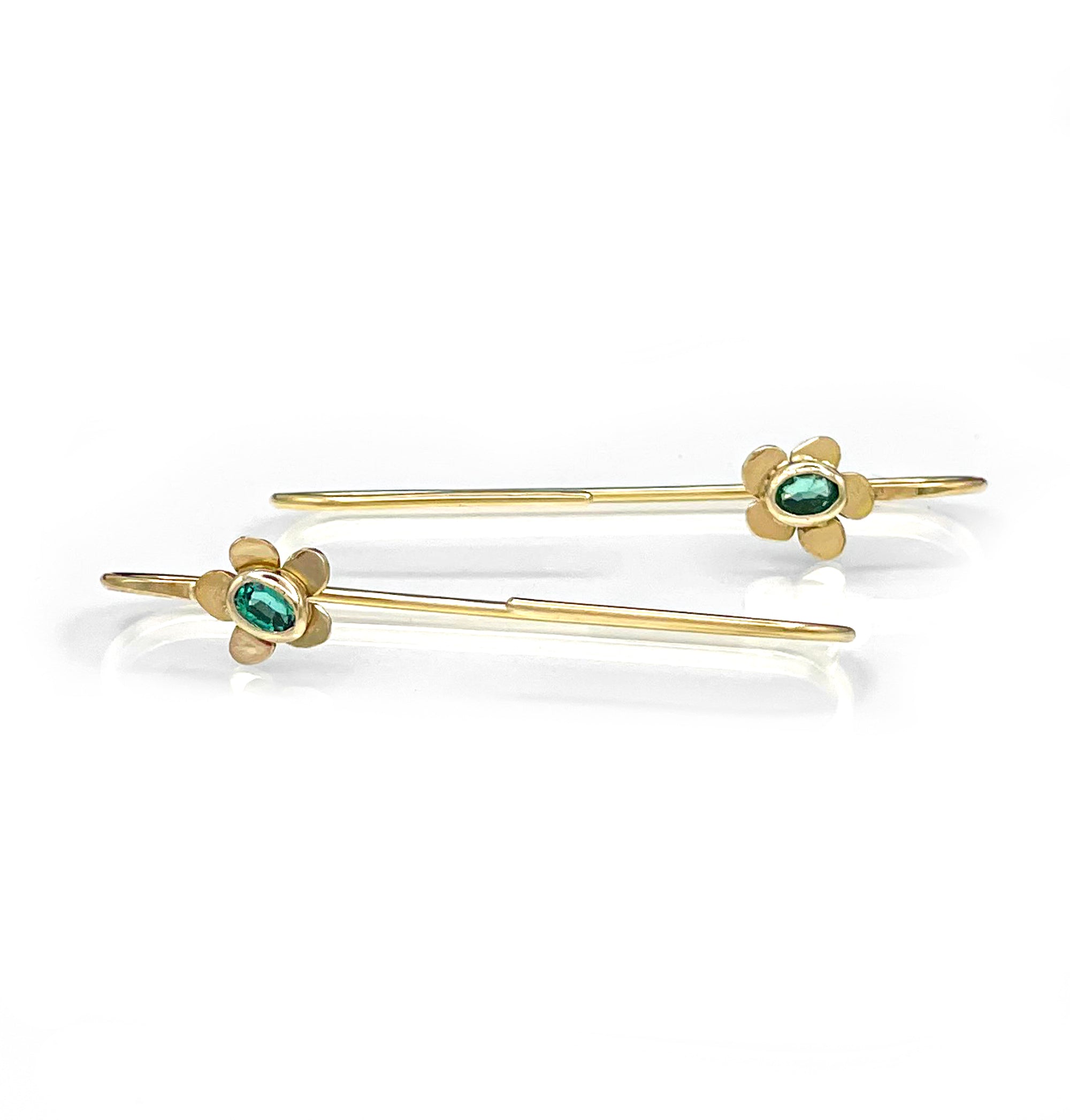 14K Emerald Flower Earrings, Long Flower Earrings, One of a kind