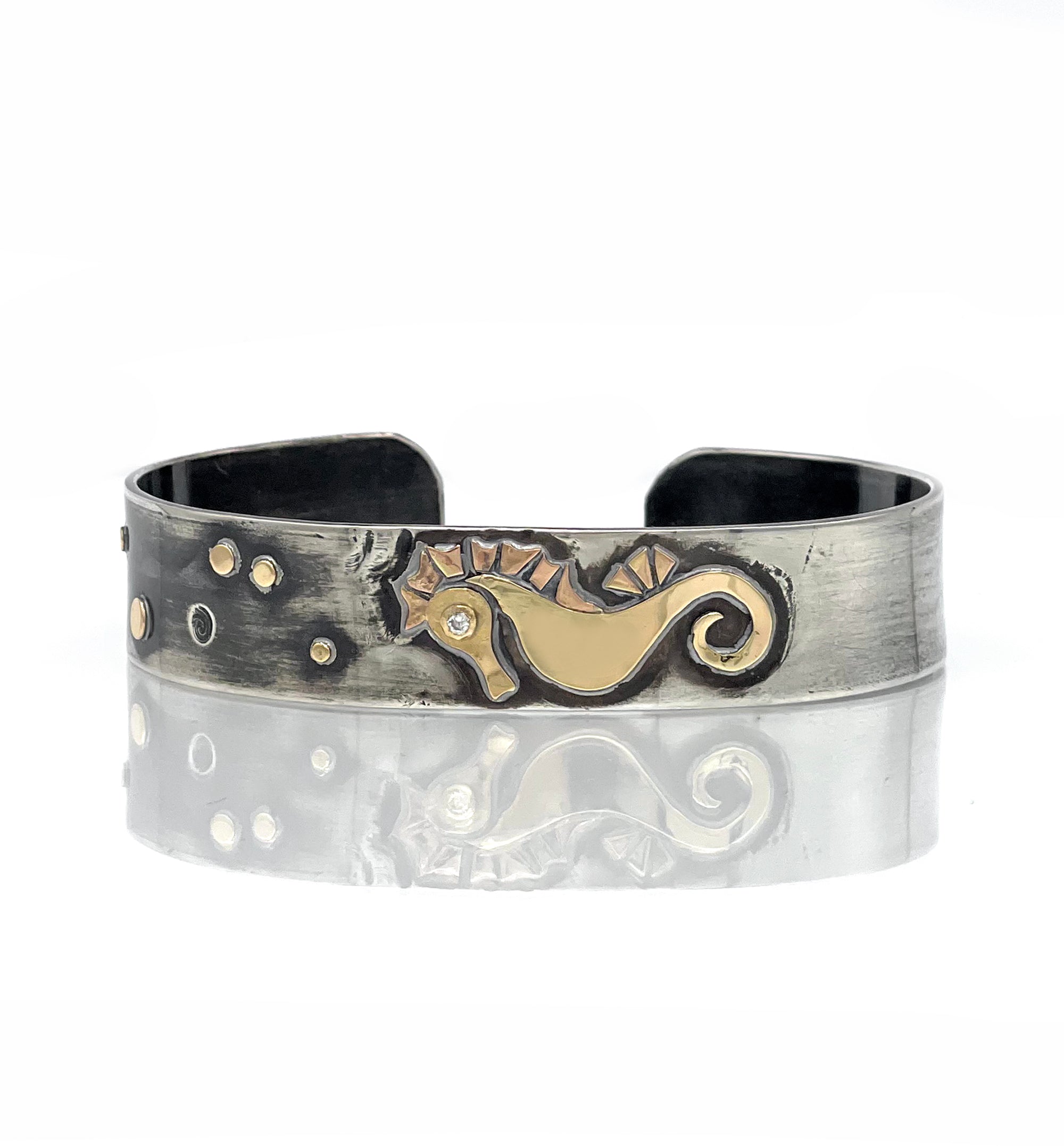 14K Diamond seahorse Cuff Bracelet, 14K Sterling Wide Bracelet, One of a kind