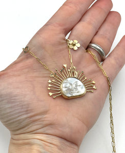 14K Mother Of Pearl Necklace, Sunshine Face, One of a kind, solid gold