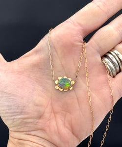 14K Opal Necklace, Black Australian Opal Flower Necklace, Solid Rose Gold