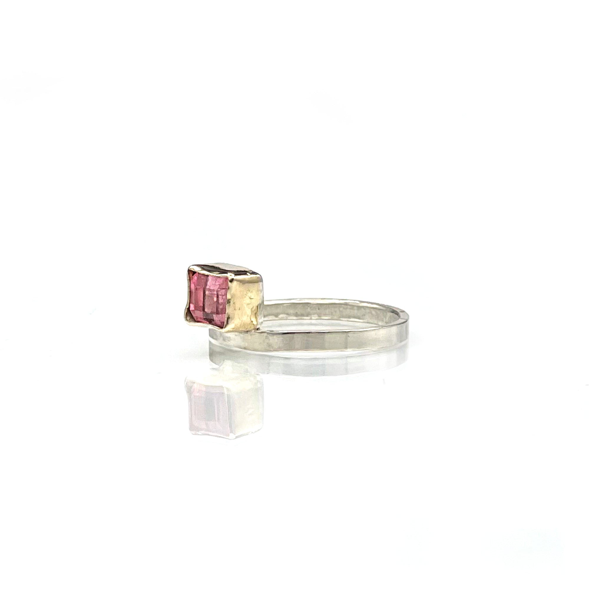Pink Tourmaline Ring, Geometric Stacking Ring, Sterling and 14K SOLID Gold