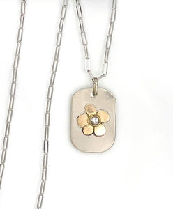 14K Dog Tag Necklace, Diamond Flower Necklace, Solid Gold, One of a Kind