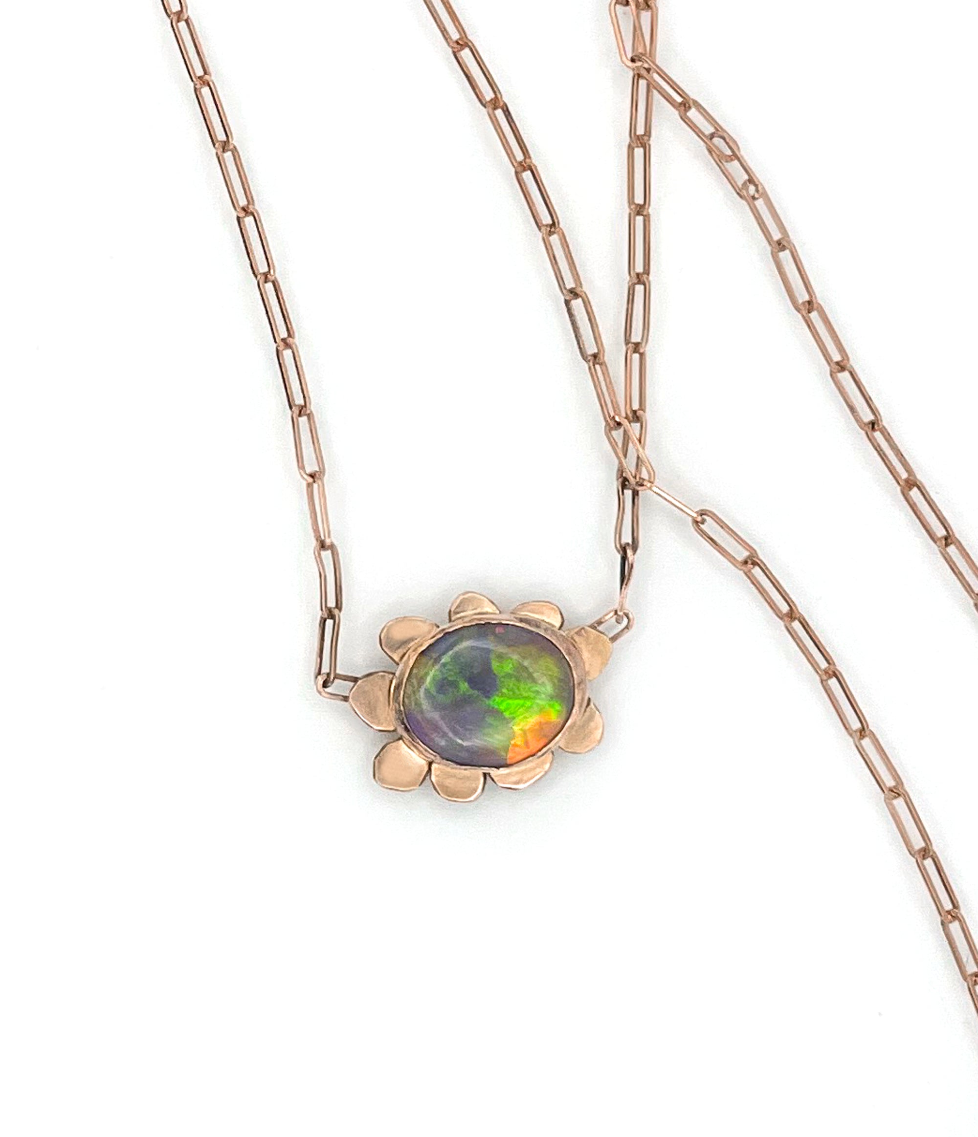 14K Opal Necklace, Black Australian Opal Flower Necklace, Solid Rose Gold