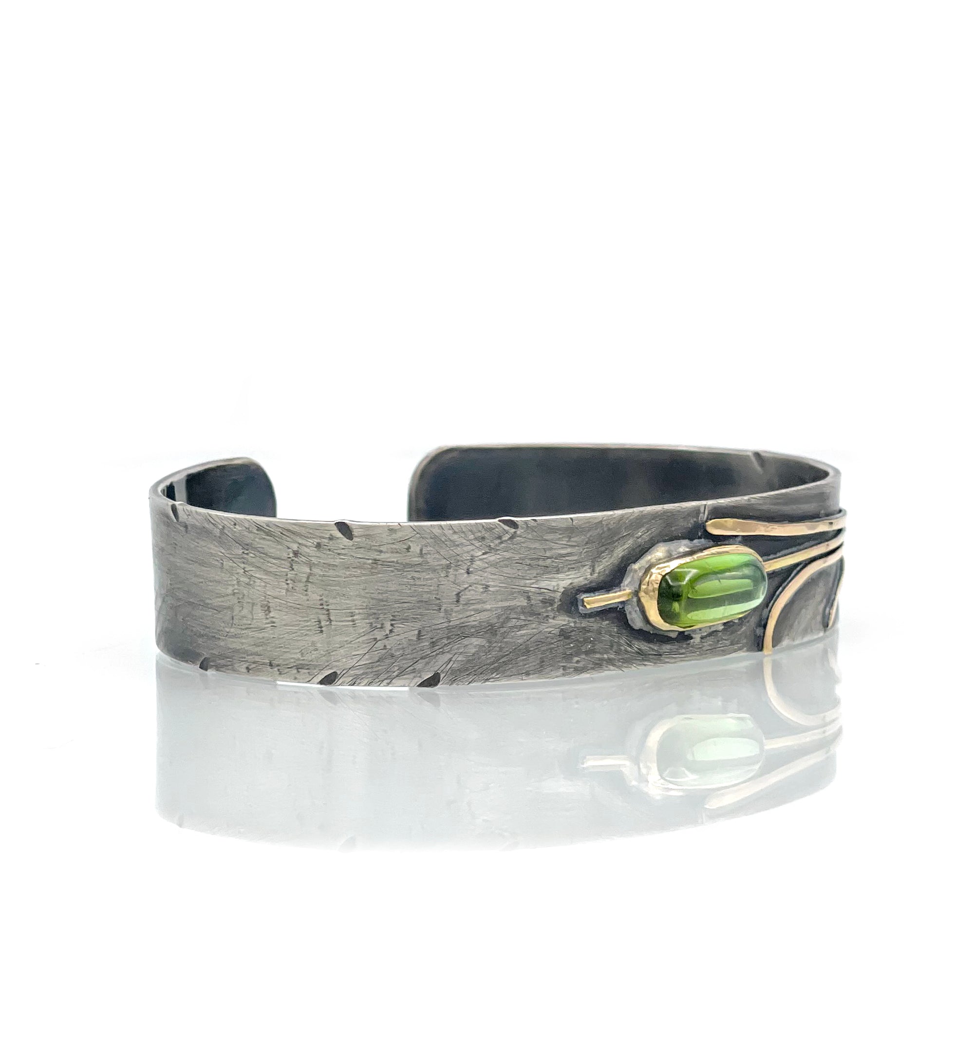 Green Tourmaline Cuff Bracelet, One of a kind, 14K Sterling Cattail Bracelet