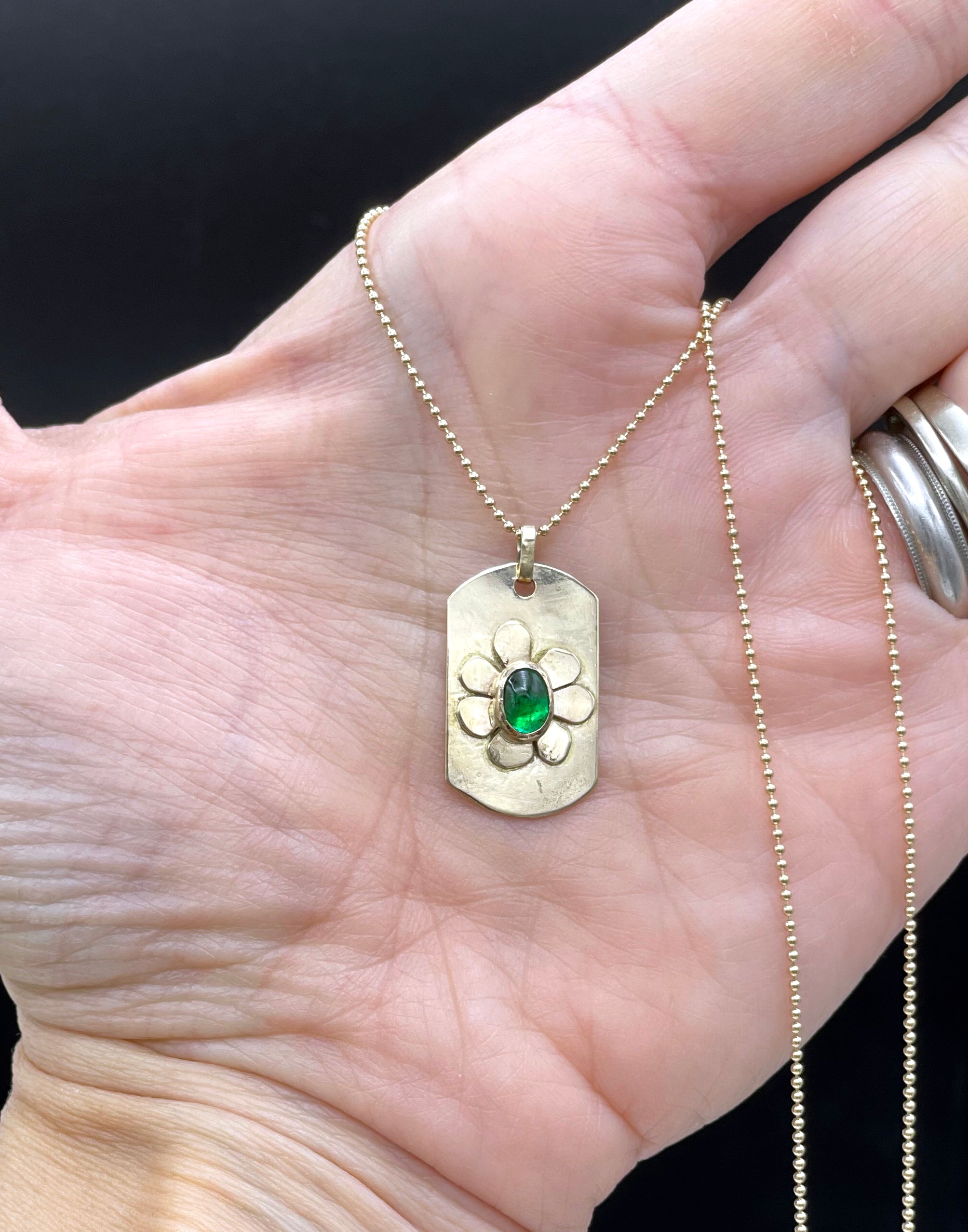 14K Emerald Dog Tag Necklace, Flower necklace, 14K solid gold, One of a Kind