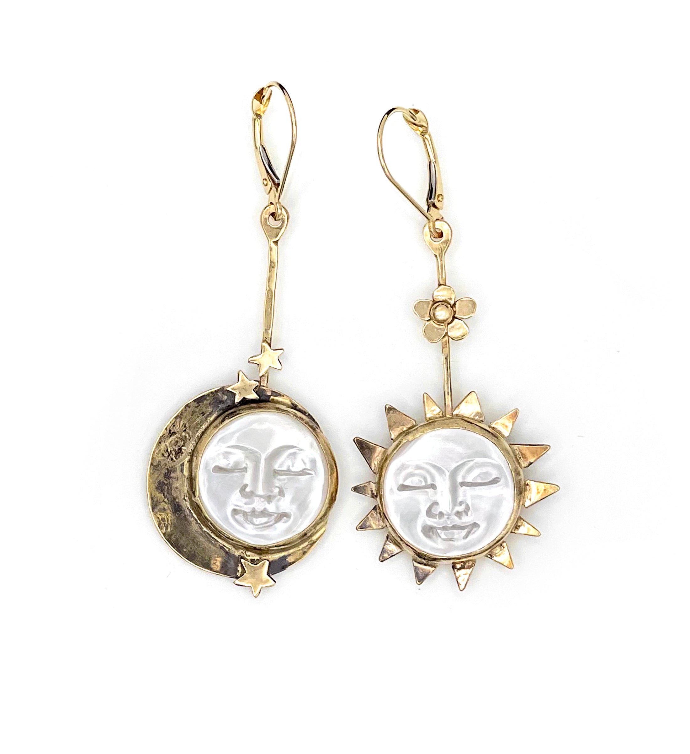 14K Sun Moon Face Earrings, Celestial Earrings, Solid Gold