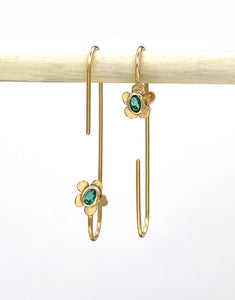 14K Emerald Flower Earrings, Long Flower Earrings, One of a kind