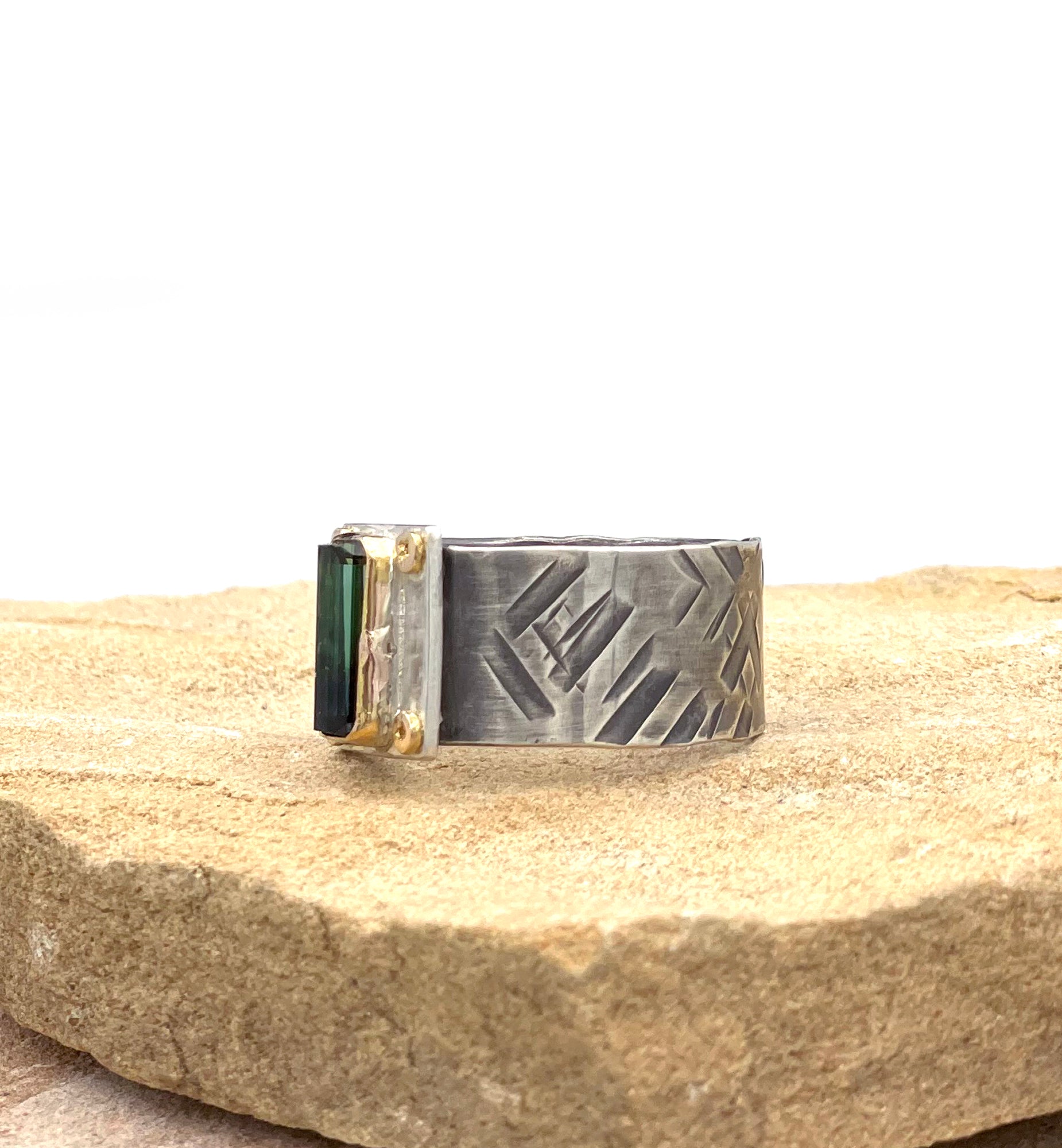 Blue Green Tourmaline Ring, Mens Ring, Unisex Ring, 14K Solid Gold and Sterling