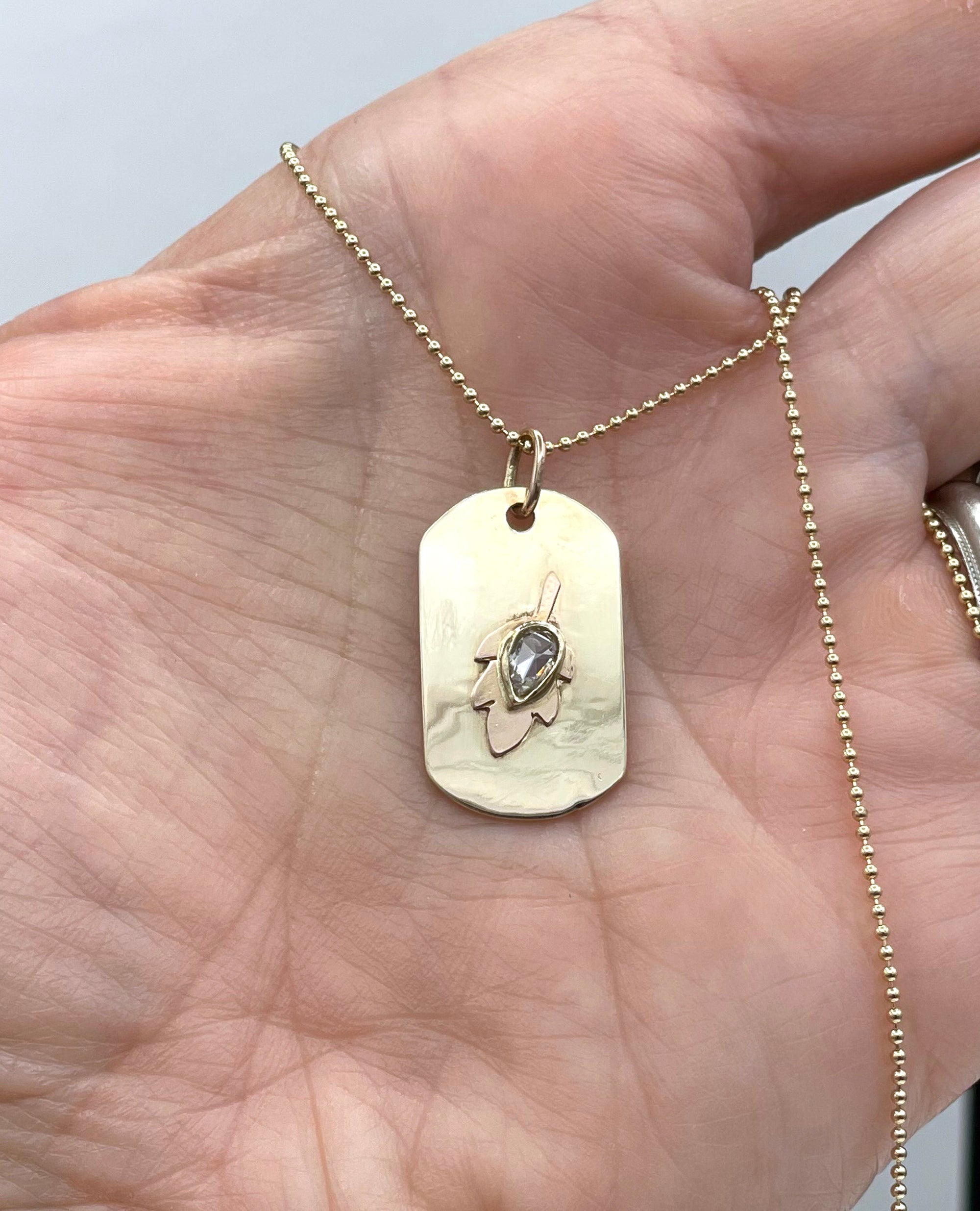 Diamond Dog Tag Necklace, 14k solid gold Leaf Necklace, April Birthstone