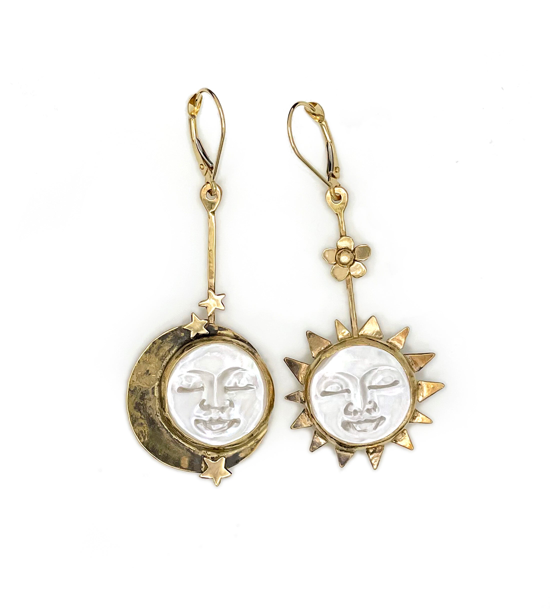 14K Sun Moon Mother of Pearl Face Earrings, Celestial Earrings, Solid Gold
