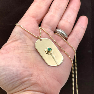 14K Emerald Dog Tag Necklace, Hand Stamped Jewelry, Solid Yellow Gold