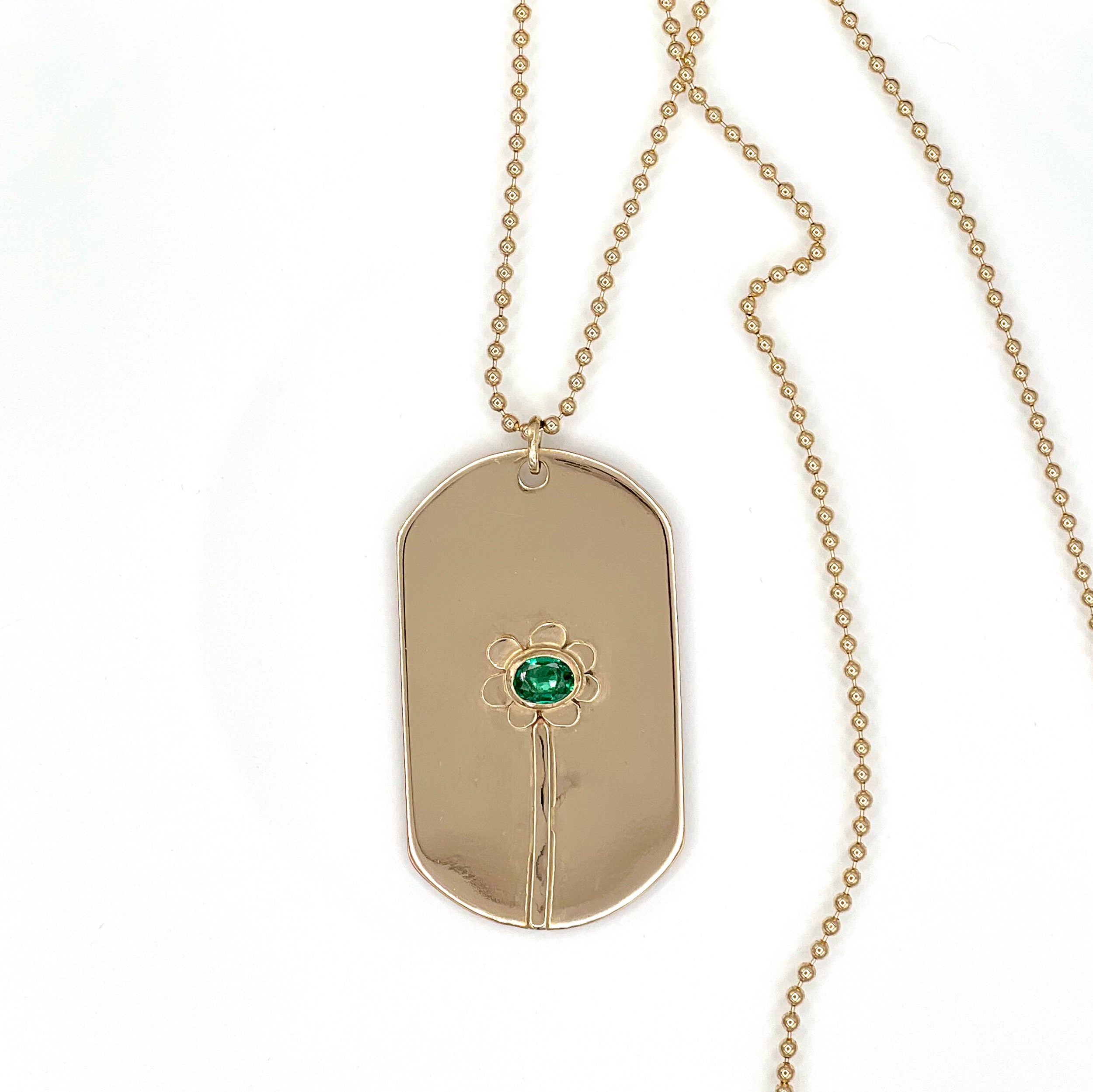 14K Emerald Dog Tag Necklace, Hand Stamped Jewelry, Solid Yellow Gold