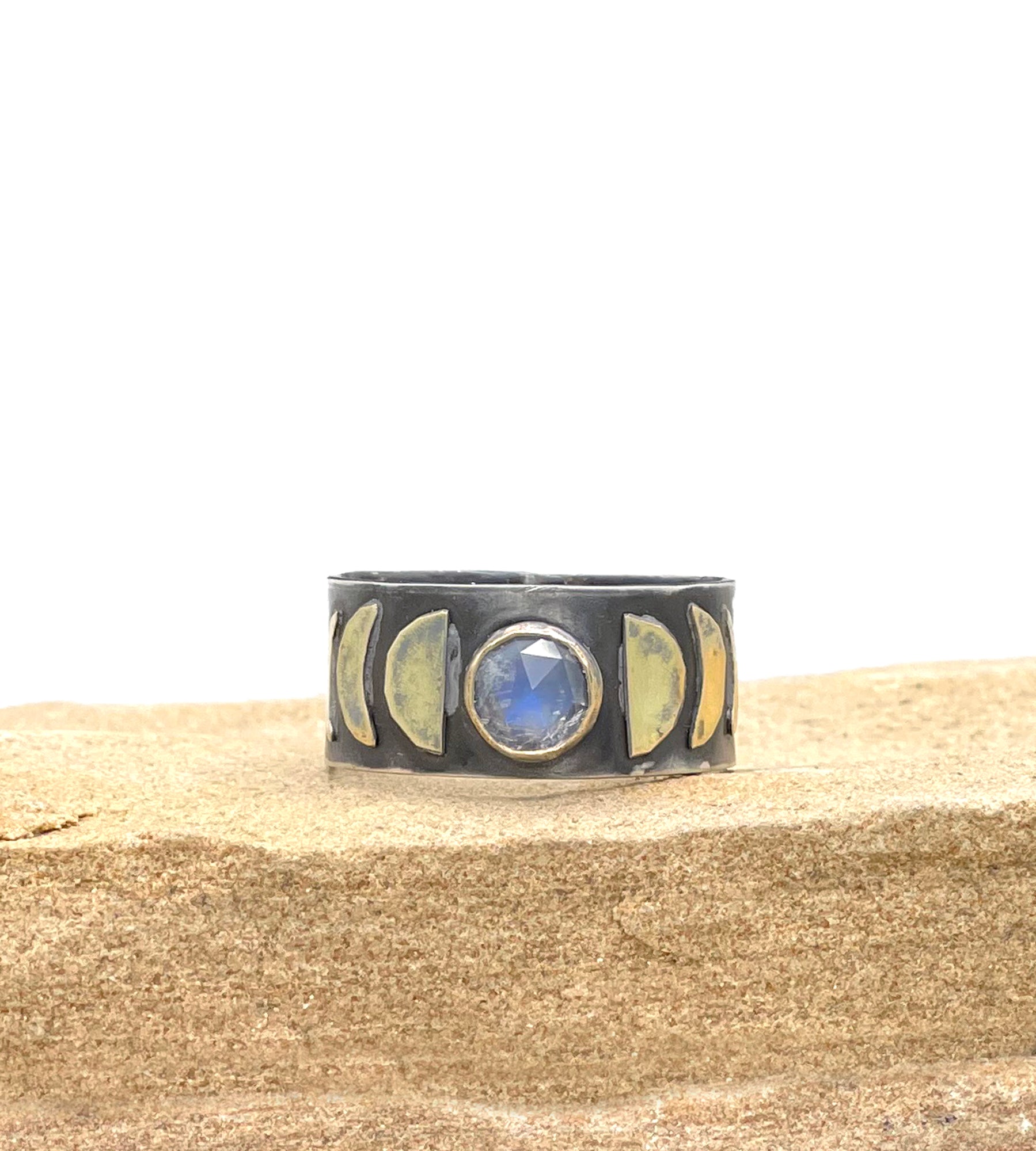 Moonstone Ring,  Moonphase Ring, Wide Band 14K & Sterling Ring