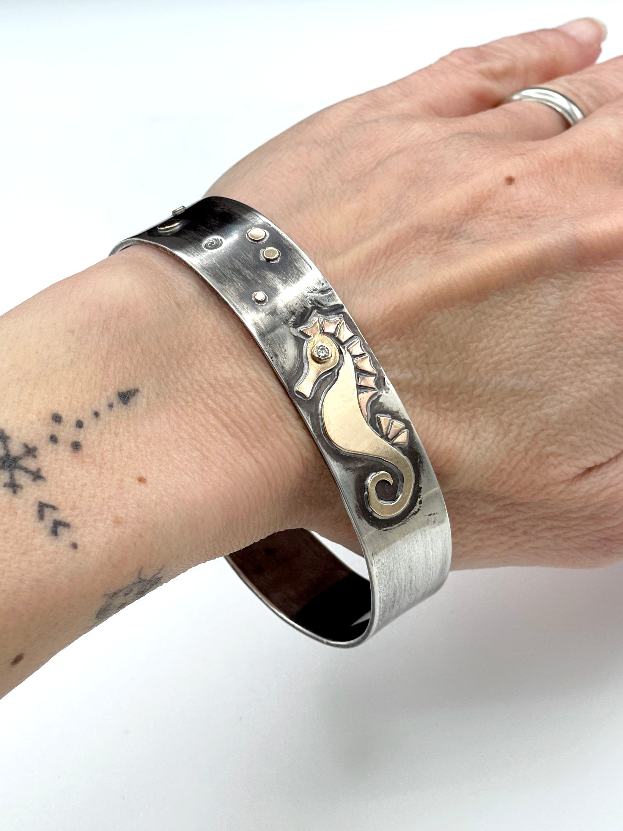14K Diamond seahorse Cuff Bracelet, 14K Sterling Wide Bracelet, One of a kind